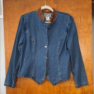 Stonebridge Stylish Blue studded Denim Jacket with Brown Collar